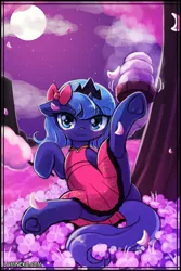 Size: 750x1125 | Tagged: artist:lumineko, blushing, clothes, cute, derpibooru import, dress, female, filly, filly luna, heart, heart hoof, looking at you, lumineko is trying to murder us, lunabetes, lunar new year, princess luna, s1 luna, safe, solo, spreading, spread legs, sweet dreams fuel, woona, younger