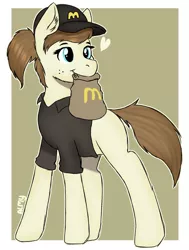 Size: 2263x3000 | Tagged: safe, artist:almond evergrow, derpibooru import, oc, earth pony, pony, clothes, female, hat, heart, mare, mcdonald's, mcdonalds pony, mouth hold, packet, paper bag, ponytail, simple background, uniform