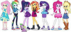 Size: 6125x2799 | Tagged: safe, artist:twilirity, derpibooru import, applejack, fluttershy, pinkie pie, rainbow dash, rarity, sci-twi, spike, spike the regular dog, sunset shimmer, twilight sparkle, dog, equestria girls, equestria girls series, absurd resolution, applejack's hat, bowtie, bracelet, clothes, converse, cowboy hat, dress, eqg promo pose set, female, freckles, geode of empathy, geode of fauna, geode of shielding, geode of sugar bombs, geode of super speed, geode of super strength, geode of telekinesis, glasses, group, hairclip, hairpin, hat, high heels, humane five, humane seven, humane six, jacket, jewelry, leather vest, legs, looking at you, magical geodes, male, pants, pantyhose, pencil skirt, ponytail, pose, sandals, shoes, simple background, skirt, sleeveless, smiling, sneakers, socks, spike's dog collar, stetson, transparent background, vector, wristband