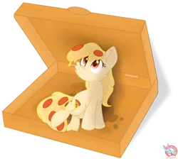Size: 1848x1655 | Tagged: safe, artist:rainbow eevee, derpibooru import, oc, oc:mozzarella orgy, ponified, unofficial characters only, food pony, original species, pizza pony, pony, cute, cutie mark, female, food, grease, hnnng, looking up, open box, peetzer pony, pizza, pizza box, red eyes, simple background, solo, transparent background