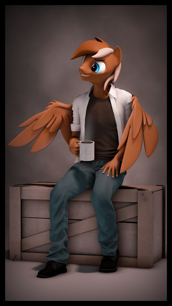 Size: 2160x3840 | Tagged: 3d, 4k resolution, anthro, artist:imafutureguitarhero, border, box, chromatic aberration, clothes, coffee, crate, cup, derpibooru import, film grain, high res, jeans, male, mug, nose wrinkle, oc, oc:kofee, pants, pegasus, plantigrade anthro, safe, shirt, shoes, signature, sitting, smiling, solo, source filmmaker, stallion, steam, unofficial characters only, vertical, wings