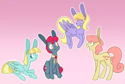 Size: 2305x1553 | Tagged: safe, artist:connorbal, derpibooru import, apple split, cloud kicker, gala appleby, helia, earth pony, pegasus, pony, apple family member, background pony, female, flying, freckles, gradient background, impossibly large ears, male, mare, stallion, white pupils