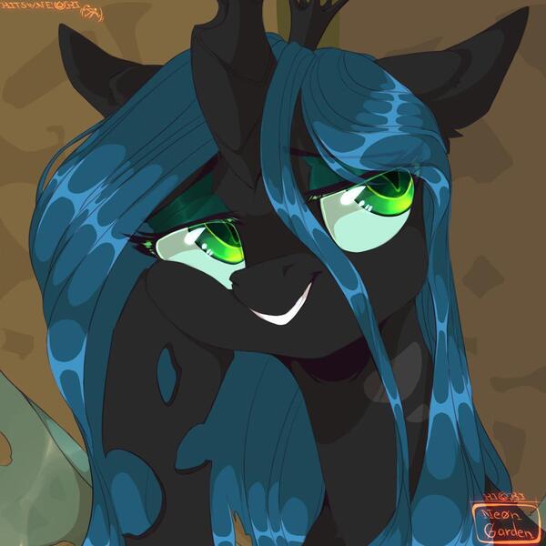 Size: 1068x1068 | Tagged: artist:hakkerman, bust, changeling, changeling queen, derpibooru import, female, looking up, portrait, queen chrysalis, safe, slit eyes, solo