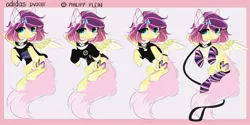 Size: 2000x1000 | Tagged: safe, artist:hakkerman, derpibooru import, oc, unofficial characters only, pegasus, pony, bottomless, bow, chest fluff, clothes, collar, ear fluff, female, hair bow, leash, mare, partial nudity, shirt, socks, solo, spread wings, striped socks, sweater, t-shirt, wings