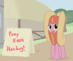 Size: 1095x918 | Tagged: safe, artist:fimflamfilosophy, derpibooru import, oc, unofficial characters only, pony, mentally advanced series, animated, bouncing, clothes, costume, cute, dancing, female, food, food costume, gif, happy, headbob, hot dog, hot dog costume, implied ponies eating meat, looking at you, mare, meat, ocbetes, open mouth, raised hoof, sausage, smiling, solo, stomping, trotting, trotting in place