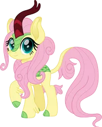 Size: 1210x1500 | Tagged: safe, artist:cloudyglow, derpibooru import, fluttershy, kirin, cute, female, kirinified, looking at you, movie accurate, raised hoof, shyabetes, simple background, solo, species swap, transparent background, weapons-grade cute