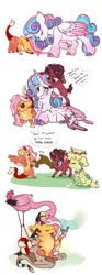 Size: 1024x2757 | Tagged: safe, artist:loryska, derpibooru import, princess flurry heart, oc, oc:bastion, oc:brick hoof, oc:larkspur, bird, hybrid, pegasus, rattlesnake, snake, unicorn, baby draconequus, cloven hooves, crying, female, filly, interspecies offspring, magical gay spawn, mouth hold, offspring, parent:discord, parent:fluttershy, parent:trenderhoof, parent:zephyr breeze, parents:discoshy, parents:trenderbreeze, wooden sword