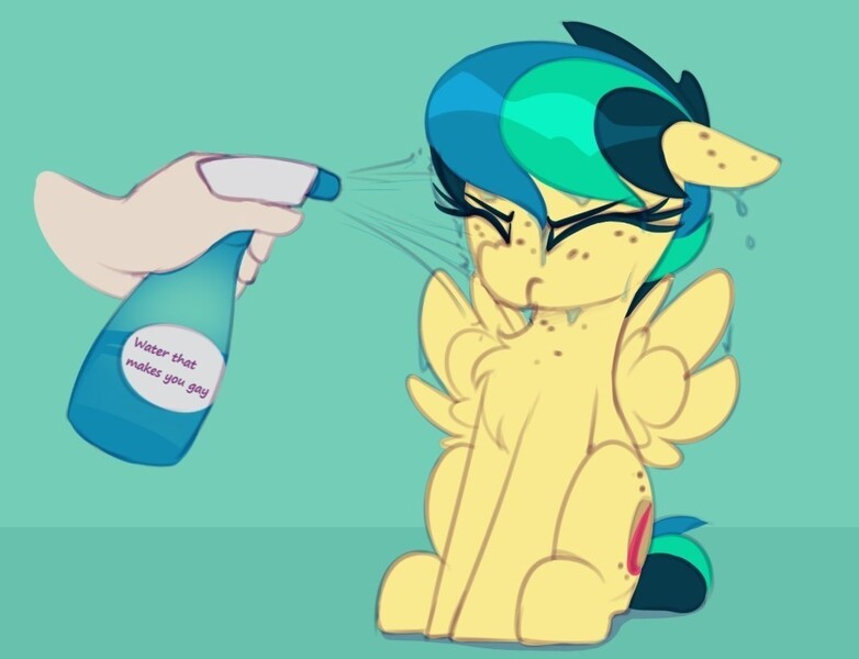 Size: 1069x820 | Tagged: safe, artist:shinodage, derpibooru import, edit, oc, oc:apogee, unofficial characters only, pegasus, pony, apogee getting sprayed, bad pony, blue background, chest fluff, disembodied hand, eyes closed, female, filly, floppy ears, hand, simple background, sitting, solo, spray bottle, spread wings, water, wings