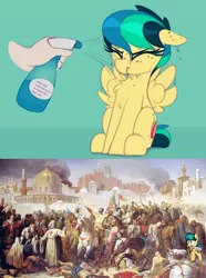 Size: 1068x1434 | Tagged: safe, artist:shinodage, derpibooru import, edit, oc, oc:apogee, unofficial characters only, human, pegasus, pony, apogee getting sprayed, bad pony, crusade, deus vult, fine art parody, israel, not salmon, spray bottle, sword, wat, water that makes you want to reclaim the holy land, weapon