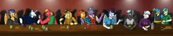 Size: 3156x672 | Tagged: safe, artist:jde10, derpibooru import, big macintosh, braeburn, double diamond, firelight, flash sentry, gallus, sandbar, shining armor, soarin', sunburst, thunderlane, anthro, earth pony, gryphon, pegasus, unicorn, alcohol, beer, clothes, cowboy hat, father and child, father and son, fist bump, freckles, glass, glasses, hat, jacket, juice, looking at each other, male, playing, scarf, shadow, table, wings