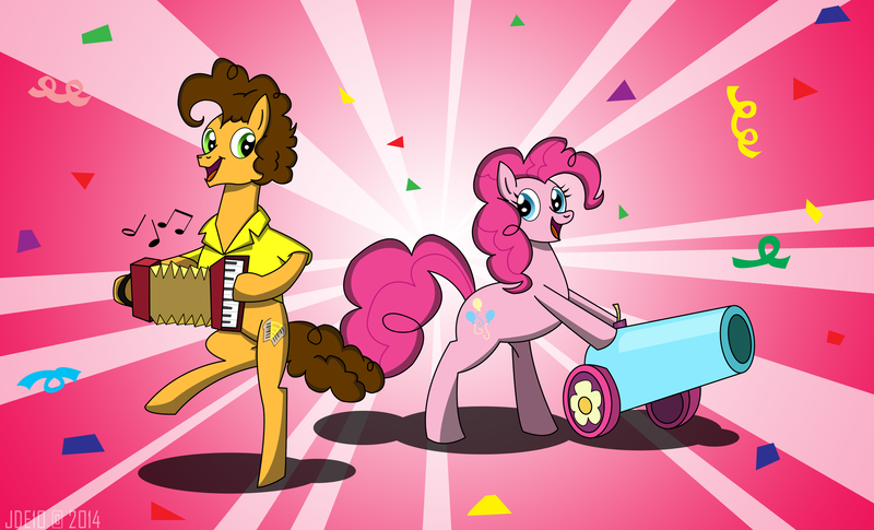 Size: 4752x2880 | Tagged: safe, artist:jde10, derpibooru import, cheese sandwich, pinkie pie, earth pony, pony, accordion, bipedal, cannon, confetti, cute, diacheeses, diapinkes, duo, female, high res, male, music notes, musical instrument, party cannon, sunburst background