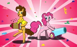 Size: 4752x2880 | Tagged: safe, artist:jde10, derpibooru import, cheese sandwich, pinkie pie, earth pony, pony, accordion, bipedal, cannon, confetti, cute, diacheeses, diapinkes, duo, female, high res, male, musical instrument, music notes, party cannon, sunburst background