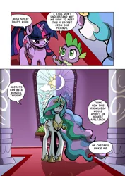 Size: 1204x1700 | Tagged: safe, artist:tarkron, derpibooru import, princess celestia, spike, twilight sparkle, twilight sparkle (alicorn), alicorn, dragon, pony, comic:the royal sandal, comic