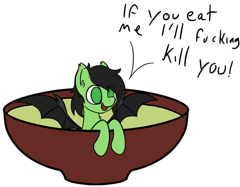 Size: 1542x1204 | Tagged: safe, artist:czu, derpibooru import, edit, oc, oc:anonfilly, unofficial characters only, bat pony, pony, bat ponified, bat pony oc, bat soup, bat wings, bowl, chest fluff, coronavirus, covid-19, crossing the line twice, cute, ear fluff, ear tufts, fangs, female, filly, grimcute, implied vore, meme, no catchlights, no pupils, ocbetes, open mouth, pony as food, race swap, simple background, smiling, solo, spread wings, text, too soon, transparent background, vore denied, vulgar, we are going to hell, wings