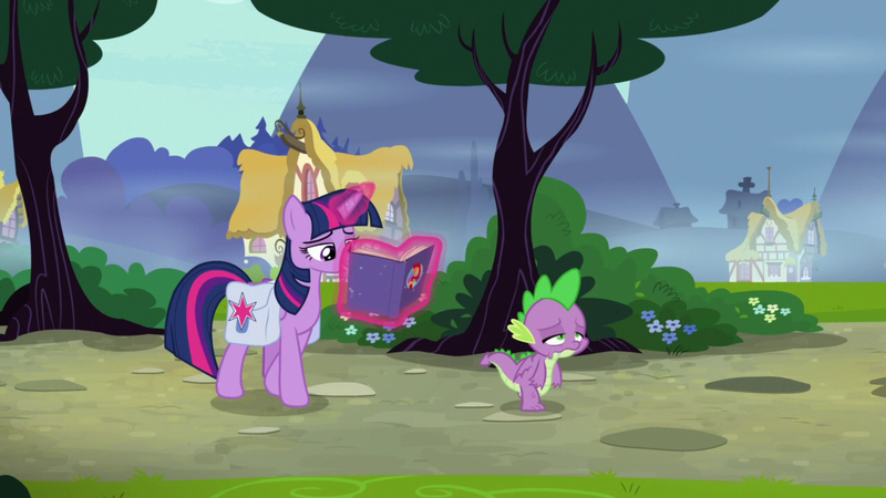 Size: 1920x1080 | Tagged: alicorn, a trivial pursuit, bag, book, derpibooru import, dragon, saddle bag, safe, screencap, spike, tired, twilight sparkle, twilight sparkle (alicorn), winged spike