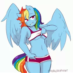 Size: 3000x3000 | Tagged: anthro, artist:rainbowsprinklesart, bedroom eyes, belly button, bra lift, breasts, busty rainbow dash, clothes, derpibooru import, female, flirting, happy, legs, lidded eyes, looking at you, pegasus, rainbow dash, seductive, seductive pose, sexy, shorts, signature, simple background, smiling, solo, solo female, sports bra, stupid sexy rainbow dash, suggestive, tail, teasing you, thighs, tomboy, underboob, undressing, white background, wings