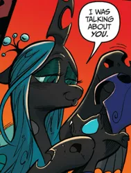 Size: 791x1047 | Tagged: artist:andypriceart, changeling, comic panel, derpibooru import, fiendship is magic, hasbro, idw, official comic, petting, queen chrysalis, red background, safe, simple background