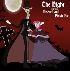 Size: 3943x4000 | Tagged: safe, derpibooru import, discord, pinkie pie, anthro, plantigrade anthro, vampire, blackletter, cape, clothes, crossover, daria cohen, discopie, dress, female, fishnets, gravestone, graveyard, hat, male, missi and the duke, moon, red sky, shipping, smiling, straight, the night, top hat