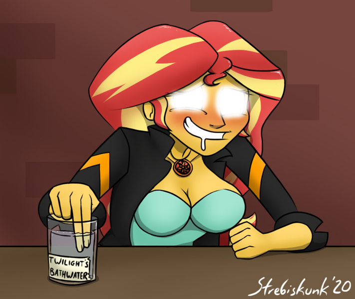 Size: 1015x856 | Tagged: suggestive, artist:strebiskunk, derpibooru import, sunset shimmer, equestria girls, bath water, blushing, breasts, busty sunset shimmer, cleavage, drool, geode of empathy, glowing eyes, implied lesbian, implied shipping, implied sunsetsparkle, implied voyeurism, magical geodes, memories, solo, water