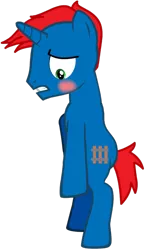 Size: 1280x2185 | Tagged: safe, artist:jawsandgumballfan24, artist:ry-bluepony1, derpibooru import, oc, oc:train track, unofficial characters only, pony, unicorn, pony creator, 1000 hours in pony creator, bipedal, blushing, covering, covering crotch, embarrassed, male, naked rarity, simple background, solo, transparent background, wat, we don't normally wear clothes