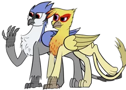 Size: 2800x2000 | Tagged: safe, artist:somber, derpibooru import, oc, oc:carmelita galeforce, oc:serge swiftwing, bird, blue jay, gryphon, fallout equestria, bluejay griffon, colored, fallout equestria: longtalons, female, flat colors, male, simple background, smiling, transparent background