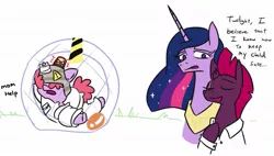 Size: 1243x706 | Tagged: safe, artist:jargon scott, derpibooru import, fizzlepop berrytwist, princess twilight 2.0, tempest shadow, twilight sparkle, twilight sparkle (alicorn), oc, oc:puffpad, alicorn, pony, unicorn, the last problem, armor, broken horn, caution sign, clothes, daughter, dialogue, exclamation point, eye scar, eyes closed, female, filly, hamster ball, helicopter parents, helmet, hidden eyes, horn, mare, mother, mother and child, mother and daughter, offspring, older tempest shadow, overprotective, parent:tempest shadow, pillow, pillow armor, raised hoof, scar, simple background, white background