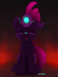 Size: 600x797 | Tagged: safe, artist:bastbrushie, derpibooru import, part of a set, tempest shadow, pony, unicorn, my little pony: the movie, :3, :p, animated, bastbrushie is trying to kill us, blushing, cute, daaaaaaaaaaaw, dancing, evil, eyes closed, female, gif, happy, horn, lightning, magic, open up your eyes, raspberry, silly, silly pony, sitting, solo, sparking horn, tempestbetes, tongue out, weapons-grade cute
