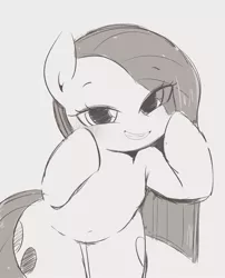 Size: 940x1161 | Tagged: safe, artist:manachaaaaaaaa, derpibooru import, pinkie pie, earth pony, pony, bipedal, cute, cuteamena, diapinkes, eye clipping through hair, female, grayscale, hoof on cheek, looking at you, mare, monochrome, pinkamena diane pie, pixiv, simple background, smiling, smug, solo, white background