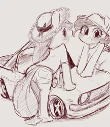 Size: 1023x1176 | Tagged: applejack, artist:manachaaaaaaaa, car, clothes, cute, derpibooru import, diapinkes, duo, female, hat, jackabetes, looking at you, looking back, looking back at you, monochrome, open mouth, pinkie pie, pixiv, safe, semi-anthro, shorts, simple background, white background