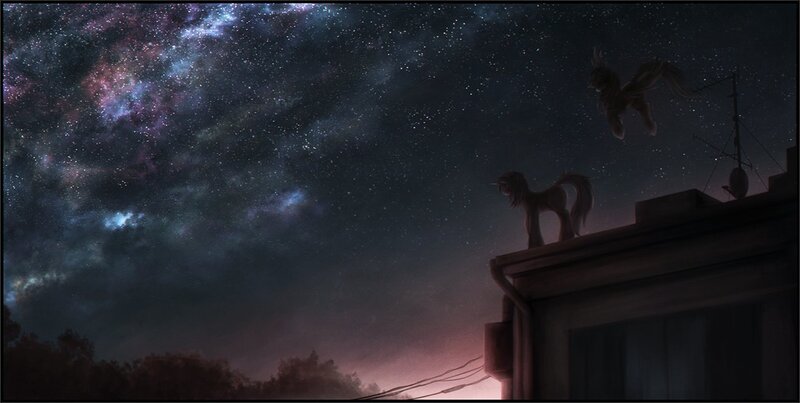 Size: 1300x655 | Tagged: safe, artist:ventious, derpibooru import, oc, oc:rainbow whiteskies, oc:soul strings, pegasus, pony, unicorn, antenna, building, flying, nebula, roof, rooftop, satellite dish, sky, standing, starry night, stars, sunset, tree, window, wires