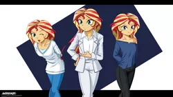 Size: 2560x1440 | Tagged: safe, artist:ngrycritic, derpibooru import, sunset shimmer, human, equestria girls, alternate costumes, arm behind back, bare shoulders, bent over, clothes, female, hands behind back, high res, looking at you, one eye closed, pants, solo, style emulation, suit, uotapo-ish, wink