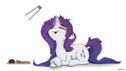 Size: 3643x2072 | Tagged: safe, artist:ratann, derpibooru import, rarity, pony, unicorn, alternate hairstyle, blushing, chopsticks, cute, eyes closed, female, food, high res, magic, mare, meat, messy mane, open mouth, ponies eating meat, prone, raribetes, simple background, solo, sushi, telekinesis, white background