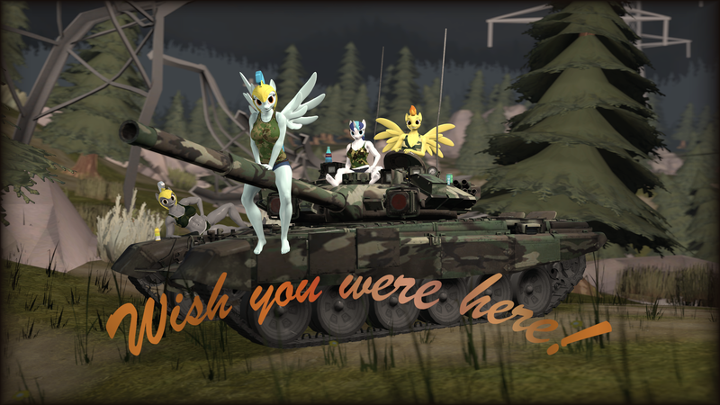 Size: 3840x2160 | Tagged: safe, alternate version, artist:epsilonwolf, derpibooru import, guardian angel (character), shining armor, spitfire, anthro, pegasus, plantigrade anthro, unicorn, 3d, camouflage, clothes, female, gleaming shield, military, nexgen, postcard, royal guard, rule 63, source filmmaker, t90, tank (vehicle), tanktop, wish you were here