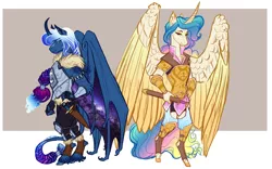 Size: 4800x3000 | Tagged: safe, artist:earthsong9405, deleted from derpibooru, derpibooru import, princess celestia, princess luna, alicorn, anthro, bat pony, bat pony alicorn, unguligrade anthro, dragon au, fanfic:azure edge, armor, bat wings, braid, braided tail, cloven hooves, curved horn, duo, ethereal mane, female, greaves, horn, leonine tail, mare, realistic horse legs, royal sisters, scabbard, siblings, sisters, starry mane, starry wings, sword, unshorn fetlocks, weapon, wing claws, wings