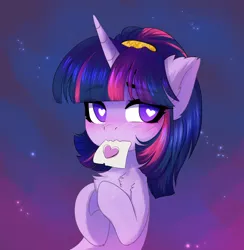 Size: 1972x2024 | Tagged: safe, artist:empress-twilight, derpibooru import, twilight sparkle, pony, unicorn, alternate hairstyle, blushing, chest fluff, cute, daaaaaaaaaaaw, ear fluff, eyebrows visible through hair, female, heart, heart eyes, hooves together, i can't believe it's not magnaluna, mare, mouth hold, paper, solo, style emulation, twiabetes, unicorn twilight, wingding eyes