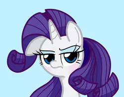 Size: 2652x2068 | Tagged: safe, artist:lovehtf421, derpibooru import, rarity, pony, unicorn, blue background, bust, cute, ear down, female, high res, looking at you, mare, portrait, raribetes, rarity is not amused, simple background, solo, unamused