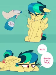 Size: 1066x1430 | Tagged: suggestive, artist:shinodage, derpibooru import, edit, oc, oc:apogee, unofficial characters only, pegasus, pony, alexa, apogee getting sprayed, bad pony, lewd, spray bottle