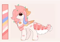 Size: 1938x1374 | Tagged: safe, artist:little-sketches, derpibooru import, oc, oc:saki, original species, pegasus, suisei pony, bandaid, blushing, chest fluff, closed species, color palette, deviantart watermark, ear fluff, eye clipping through hair, female, obtrusive watermark, pink background, plant, reference sheet, simple background, solo, stars, watermark, wings