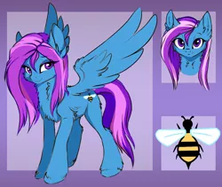 Size: 1140x961 | Tagged: safe, derpibooru import, edit, oc, oc:smiles, unofficial characters only, bee, insect, pegasus, pony, chest fluff, cutie mark, ear fluff, female, mare, reference sheet, solo, unshorn fetlocks