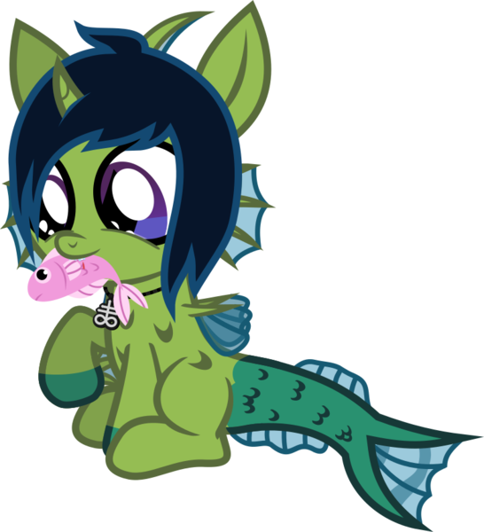 Size: 837x920 | Tagged: safe, artist:lightningbolt, derpibooru import, oc, oc:demon hellspawn, unofficial characters only, fish, half-siren, hybrid, pony, unicorn, .svg available, baby, biting, blood, colored hooves, colt, curved horn, cute, fangs, fins, fish tail, hair over one eye, happy, horn, jewelry, leviathan cross, magical gay spawn, male, mouth hold, necklace, offspring, raised hoof, scales, simple background, sitting, slit eyes, solo, svg, transparent background, vector