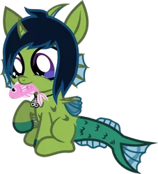 Size: 837x920 | Tagged: safe, artist:lightningbolt, derpibooru import, oc, oc:demon hellspawn, unofficial characters only, fish, half-siren, hybrid, pony, unicorn, .svg available, baby, biting, blood, colored hooves, colt, curved horn, cute, fangs, fins, fish tail, hair over one eye, happy, horn, jewelry, leviathan cross, magical gay spawn, male, mouth hold, necklace, offspring, raised hoof, scales, simple background, sitting, slit eyes, solo, svg, transparent background, vector