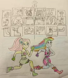 Size: 400x462 | Tagged: safe, artist:13mcjunkinm, derpibooru import, fluttershy, rainbow dash, equestria girls, boxing boots, boxing shoes, boxing shorts, boxing skirt, clothes, comic, cycling shorts, exeron fighters, exeron gloves, exeron outfit, fingerless gloves, gloves, jogging, martial arts kids, martial arts kids outfits, montage, mouthguard, socks, sports bra, traditional art