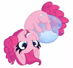 Size: 1400x1300 | Tagged: safe, artist:littleblackraencloud, derpibooru import, pinkie pie, earth pony, pony, balloon, cheek fluff, chibi, cute, diapinkes, ear fluff, female, mare, open mouth, simple background, smiling, solo, upside down, white background