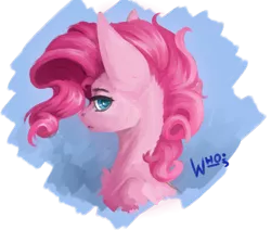Size: 1280x1083 | Tagged: safe, artist:xzjeep, derpibooru import, pinkie pie, earth pony, pony, blue background, bust, digital painting, female, lidded eyes, looking at you, mare, portrait, profile, semi-realistic, simple background, solo, transparent background, wavy mane