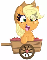 Size: 1162x1479 | Tagged: safe, artist:littleblackraencloud, derpibooru import, applejack, earth pony, pony, apple, apple cart, cart, cheek fluff, chest fluff, chibi, cute, ear fluff, eye clipping through hair, female, food, jackabetes, mare, open mouth, simple background, smiling, solo, white background