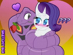 Size: 4000x3000 | Tagged: safe, artist:snakeythingy, derpibooru import, rarity, arbok, pony, unicorn, :s, bedroom eyes, blushing, chest fluff, coils, colored pupils, crack shipping, crossover, crossover shipping, female, floating heart, flower, flower in mouth, gradient background, heart, heart background, high res, interspecies, looking at each other, mare, massage, mouth hold, pokémon, question mark, rose, rose in mouth, shipping, smiling, story included, wavy mouth