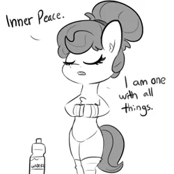 Size: 1080x1080 | Tagged: safe, artist:tjpones, derpibooru import, part of a set, oc, oc:brownie bun, unofficial characters only, earth pony, pony, bipedal, chest fluff, comic, dialogue, eyes closed, female, grayscale, monochrome, simple background, white background, yoga