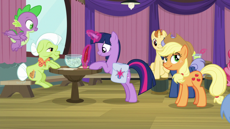 Size: 1920x1080 | Tagged: alicorn, a trivial pursuit, bag, cup cake, derpibooru import, dragon, friendship student, golden crust, goldengrape, granny smith, midnight snack (character), saddle bag, safe, screencap, sir colton vines iii, spike, twilight sparkle, twilight sparkle (alicorn), winged spike
