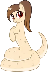 Size: 2136x3215 | Tagged: safe, artist:lightning stripe, derpibooru import, oc, oc:solar blaze, lamia, original species, pony, snake, snake pony, unicorn, beige coat, brown mane, coils, commission, cute, female, horn, lamiafied, mare, ocbetes, ponytail, red eyes, show accurate, simple background, slit eyes, slit pupils, species swap, transparent background, vector