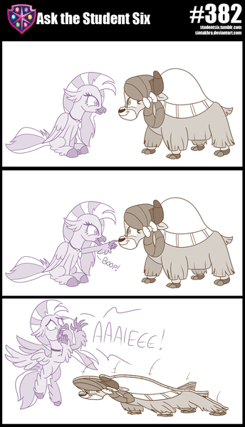 Size: 800x1396 | Tagged: artist:sintakhra, boop, cardboard, cardboard cutout, classical hippogriff, cute, derpibooru import, diastreamies, display, hippogriff, jewelry, looking at each other, necklace, safe, silverstream, that was unexpected, tumblr:studentsix, yak, yona